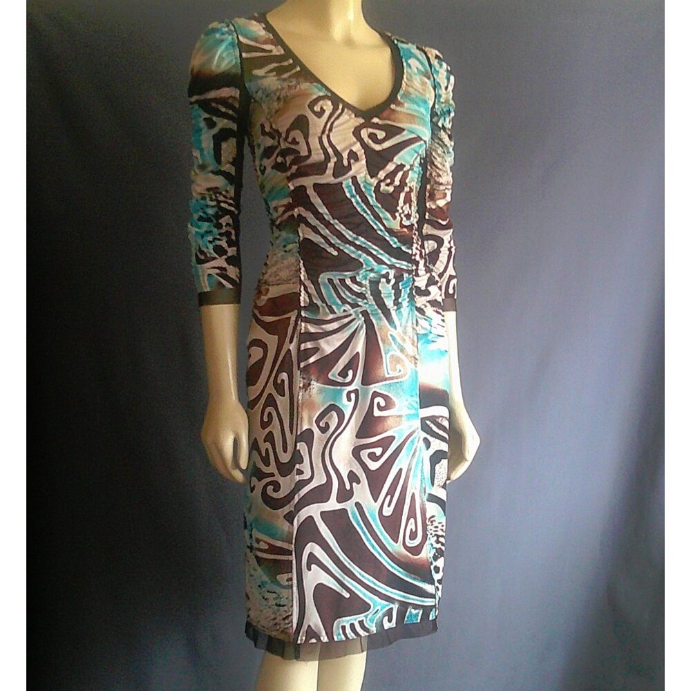 Alberto Makali Aqua Brown Shirred V-Neck Geometric Dress 6